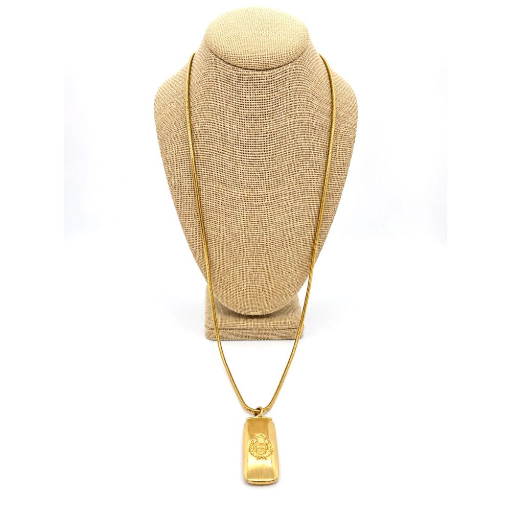VINTAGE LIZ CLAIBORNE Necklace Gold Tone Heraldic Crest Bar Pendant Snake Chain